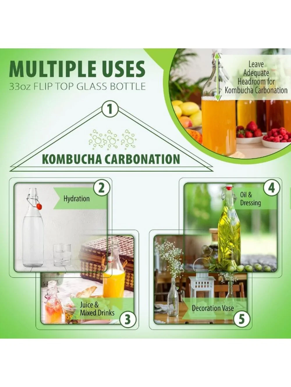 Set of 6 Flip Top Glass Bottles - 1L Airtight Containers for Beverages, Oil